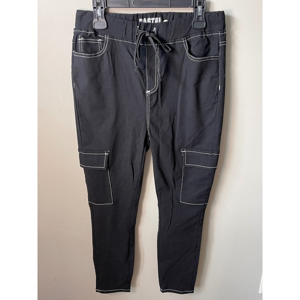 Pastel Black Contrast Stitch Cargo Jogger Pants Tapered Leg Drawstring modern